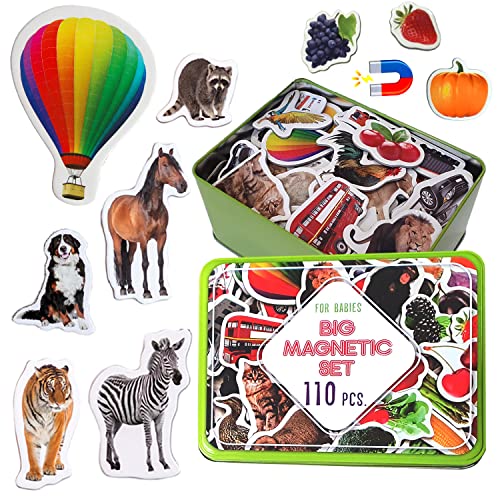 Magdum 110 Zoo + BAUERNHOFTIERE + Obst + GEMÜSE + Transport Foto Magnete Kinder für magnettafel - Magnet Spielzeug Kinder - Kühlschrankmagnete Kinder -Spielzeug ab 3 Jahre - Lernspiele ab 3 Jahre von magdum