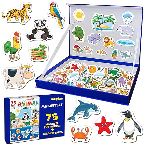 Magdum Magnete Kinder für Magnettafel 75 Stück - Tiere Kinder Magnete Kühlschrank - Magnet Spielzeug Kinder - Magnete Für Kinder - Kühlschrankmagnete Kinder - Lernspielzeug für Kinder von magdum