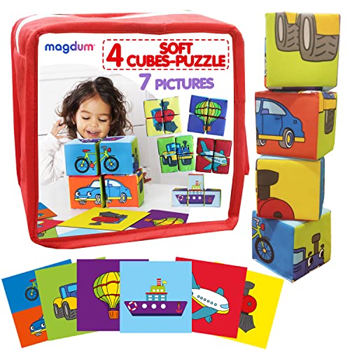 magdum Baby Spielzeug Fahrzeug Würfelpuzzle - 4 Stoffwürfel Baby würfel - Activity Würfel Kinder 6 Monate Spielzeug - Heranbilden Motorikspielzeug - 3D Puzzle Kinder - Babyspielzeug von magdum