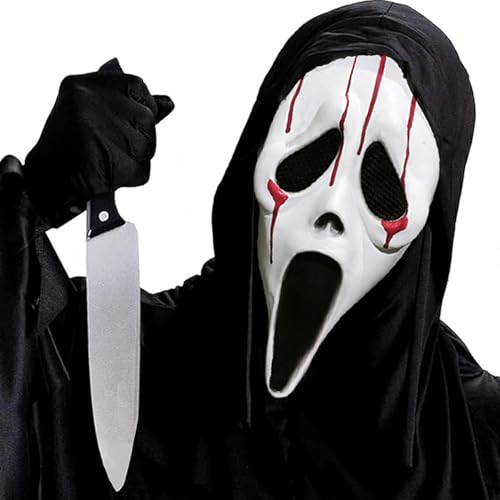 magnetspiele Halloween Horror Scream Maske, Haloween Ghostface Maske, Ghost Face Masken Mit Deko-Messer Accessoire, Passend dazu ghostface kostüm für Halloween Karneval Fasching von magnetspiele