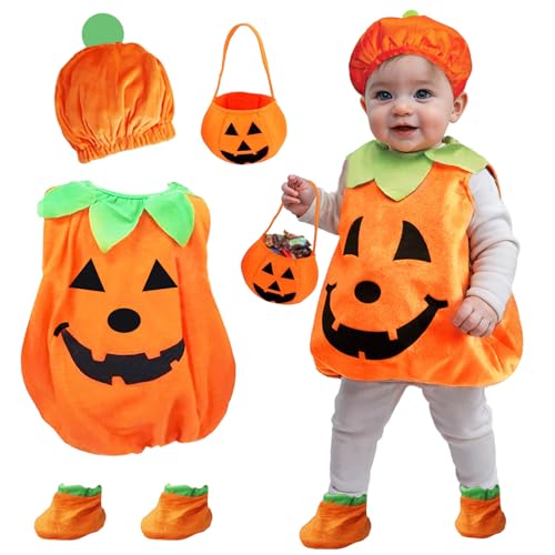magnetspiele Kürbis Kostüm Kinder, Kürbiskostüm Halloween, Kinder Kürbis Kostüm mit Hut, Halloween Kürbiskostüm mit Kürbis Candy Bag, für Halloween Karneval Cosplay Party (M) von magnetspiele