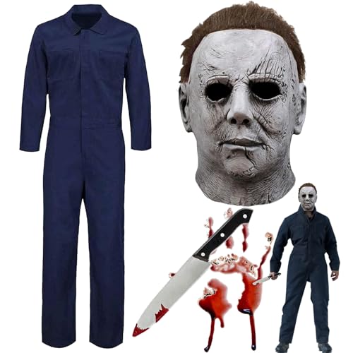 magnetspiele Michael Myers Kostüm für Erwachsene, 3 Pcs Halloween Michael Myers Maske Kostüm und Michael Myers Messer, Horror Cosplay Kostüm Set für Halloween Fasching Arbeitsoveralls Overall (L) von magnetspiele