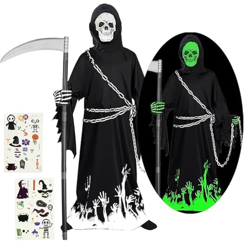 magnetspiele Sensenmann Kostüm Kinder, Halloween Sensenmann Kostüm Kinder Deluxe Glow In The Dark Halloween Kostüm Jungen, Schwarzer Umhang Mit Kapuze Für Halloween Party Cosplay (M) von magnetspiele