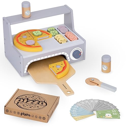 Mamabrum Holz Pizza-Backset mit Pizzaofen, Pizzastücke mit Klettverschluss, Zutaten-Scheiben, Spatel & Schneider - Rollenspiel Spielzeug für Kinder (28,5 x 18 cm) von mamabrum