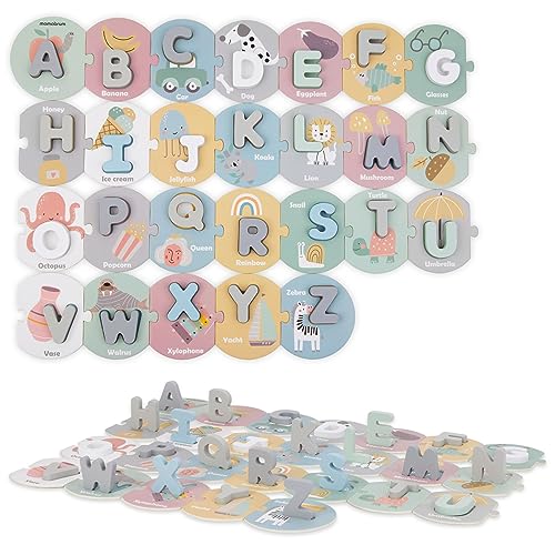 Mamabrum, Alphabet-Puzzle aus Holz, 26 Holzbuchstaben, 26 Puzzles aus Pappe, pädagogische Unterstützung beim Erlernen des Alphabets, Buchstaben Lernen, Pastellfarben von mamabrum