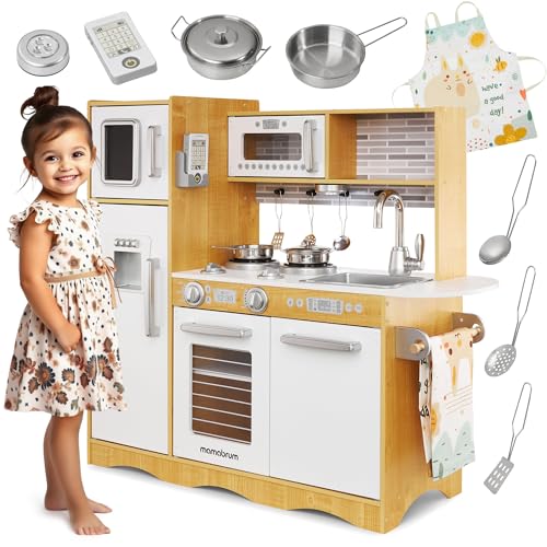 Mamabrum Holz-Spielküche LED-Beleuchtung, Kinderküche Zubehör Set - Ofen, Mikrowelle, Kochfeld, Wasserhahn, Kühlschrank & Spielzeug-Kochutensilien für Kinder (15 Teile) von mamabrum