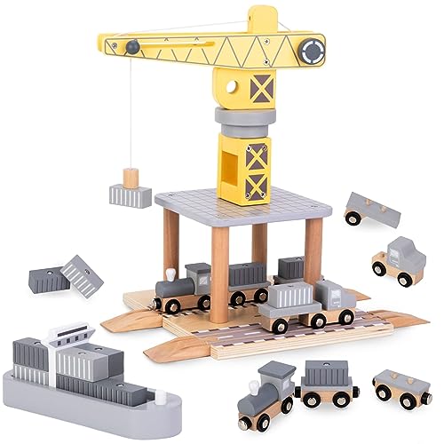 Mamabrum Hafenkran Spielset mit Magnetwinde, Holz-LKW, Lokomotive, Waggons, Frachtschiff & 12 Container - Lehrreiches Holzspielzeug für Kinder ab 3 Jahren (20 Teile) Mamabrum Hafenkran Spielset mit Magnetwinde, Holz-LKW, Lokomotive, Waggons, Frachtschiff & 12 Container - Lehrreiches Holzspielzeug für Kinder ab 3 Jahren (20 Teile) von mamabrum
