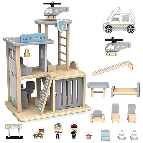 mamabrum Holz Polizeikommissariat Set - Polizeistation mit Helikopter, Auto, Polizist, Schurke, Hund & Barriere - Rollenspiel Kinderspielzeug ab 3 Jahren (9 Teile) von mamabrum