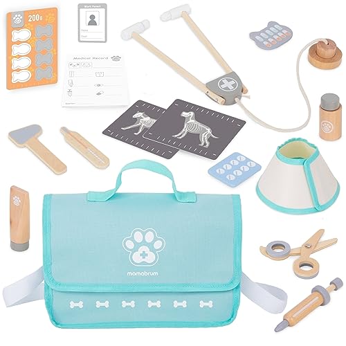 Mamabrum, Holz Tierarzt Set, Medizinischer Kragen, Snacks für Puppen, 4 Fische, 4 Knochen, 5 Medizinische Accessoires, 4 Arzneimittel, 2 Röntgenbilder von mamabrum