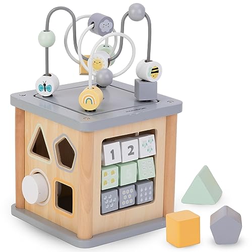 mamabrum Motorikwürfel - Pädagogisches Holz-Spielzeug ab 18 Monaten, Lernwürfel mit Formen, Farben & Zahnrädern - Motorikwürfel Baby für Feinmotorik & Entwicklung von mamabrum