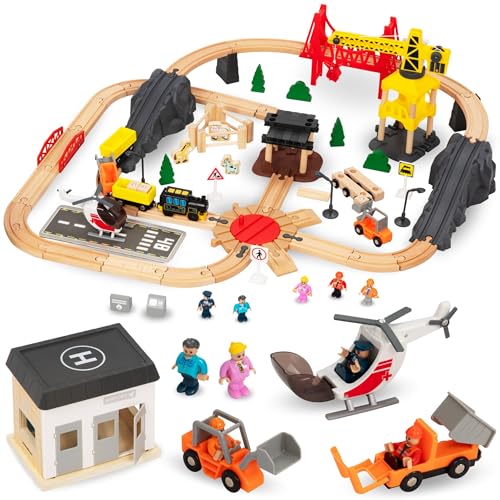 Mamabrum Holzeisenbahn Batteriezug Set - Stadt mit Flugterminal, Kran, Züge, Figuren, Spuren & Leuchtsignale - Magnetisches Spielset für Kinder (48 Teile) Mamabrum Holzeisenbahn Batteriezug Set - Stadt mit Flugterminal, Kran, Züge, Figuren, Spuren & Leuchtsignale - Magnetisches Spielset für Kinder (48 Teile) von mamabrum