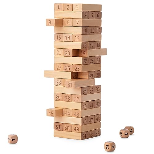 mamabrum Holzkunst Turm Set mit 54 Holzklötzchen, 4 Holzwürfel - Lernspielzeug für Zahlen & Geschicklichkeit - Stapelspiel für Kinder ab 3 Jahren (58 Teile) von mamabrum