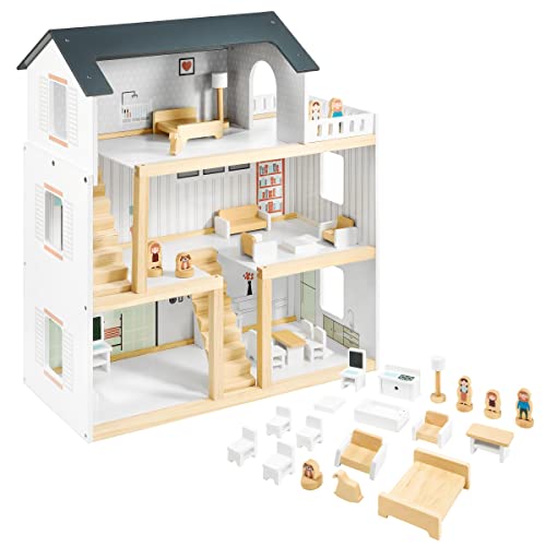 Mamabrum Holzpuppenhaus mit Möbeln & Zubehör - 3-STÖckiges Spielhaus (70x30x60cm) - Skandinavisches Design - Puppenhaus Holz Set mit 19 Möbelstücken für Kinder von mamabrum