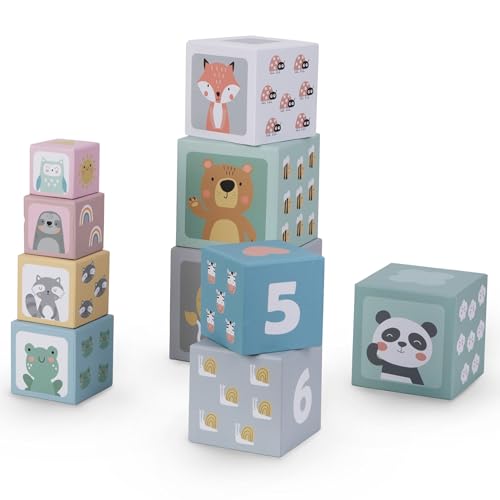 Mamabrum, Stapelturm für Kinder, 10 Elemente - Zahlen und Tiere, 10 Pappwürfel in verschiedenen Größen, für Kinder Baby Spielzeug stapelturm stapelwürfel von mamabrum