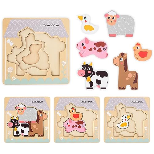 Mamabrum, mehrschichtiges Holzpuzzle – Bauernhoftiere, 1 Holzsockel, 6 Tiere, 2 Schichten, buntes Puzzle, hohe Haltbarkeit, sicher für Kinder von mamabrum