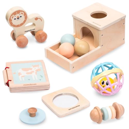 mamabrum MAM183 EDU Baby Spielzeug Set, 6 Montessori Sensorik Spielzeug für 7-12 Monate - Holz Lernspielzeug, Motorik Würfel, Rollbarer Löwe - Entwicklungsfördernd von mamabrum