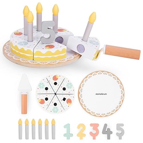 Mamabrum Geburtstagstorte aus Holz geschnitzt, 6-teilige Kuchen, 5 Kerzen, 5 Holzfiguren, Kuchenspatel, runder Ständer von mamabrum