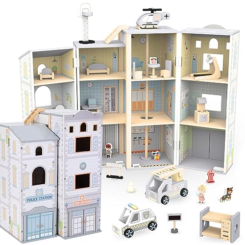 Mamabrum Große Feuerwache und Polizeistation aus Holz - Spielset für Kinder - Feuerwehr und Polizei Rollenspiel - Mit Fahrzeugen und Figuren Mamabrum Große Feuerwache und Polizeistation aus Holz - Spielset für Kinder - Feuerwehr und Polizei Rollenspiel - Mit Fahrzeugen und Figuren von mamabrum