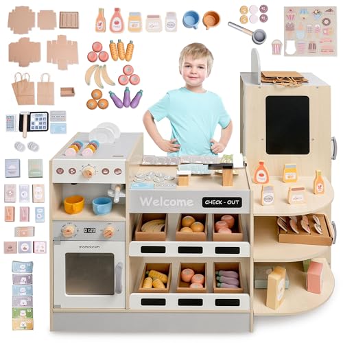 Mamabrum Großer Holz Kaufladen für Kinder mit Schnellimbiss Eckladen mit Kaffeemaschine Backofen Kühlschrank und 106 Zubehörteilen von mamabrum