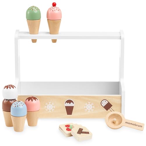 Mamabrum Holz-Eis-Shop für Kinder 3+, Eisdiele Spielset, Zubehör für Spielküche, Spielnahrung, Spielspielzeug Rad - Koch, Verkäufer von mamabrum