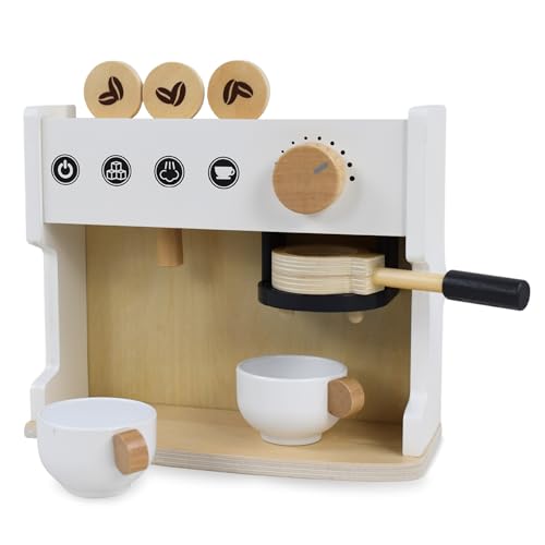 Mamabrum Holz-Kaffeemaschine für Kinder 3+, Kaffeemaschine mit Kolben, Bohnen und Tassen, Spielspielzeug Rad - Barista, Toy Kaffeebrühset, Zubehör für Kinderküche von mamabrum