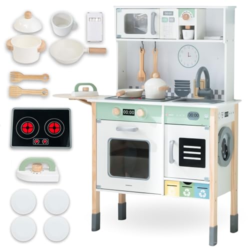 Mamabrum Holz Kinderküche mit Waschmaschine, Kreidetafel und Zubehör - Interaktive Platte und Mikrowelle Licht Sound - Höhenverstellbar Für Kinder 3+ von mamabrum