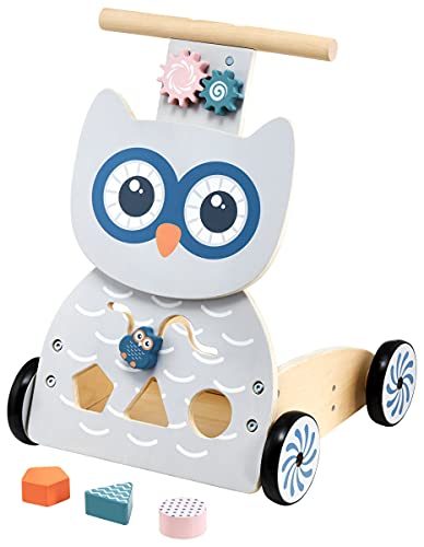 Mamabrum Baby Walker aus Holz, Spielzeug zum Mitschieben für 1 Jahr mit Formsortierer & Aufbewahrung, Kleinkind-Lernaktivitätswagen, Spaziergänger für Babys von mamabrum