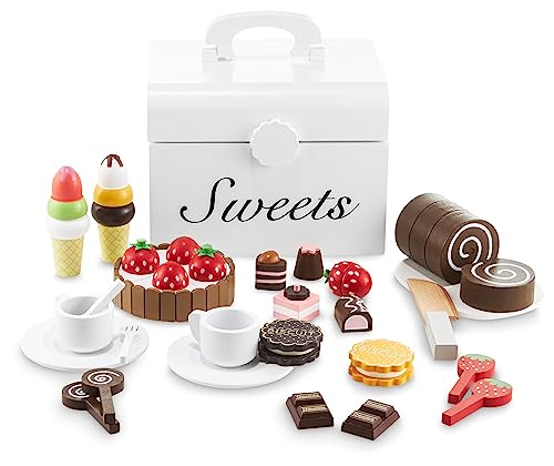 mamabrum Holz Süßigkeitenkiste Spielset - 30 Teile Dessert & Kuchen mit Magnetverbindung, Schneidebrett, Tee-Zubehör - Rollenspiel Konditorei für Kinder ab 3 Jahren von mamabrum