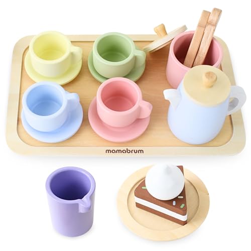 Mamabrum Holz Teeset Kinderspielzeug, Toy Teeservice mit Tablett - 16 teilig, Tassen, Spielkuchen, Spielspaß, Kochen Spielzeug von mamabrum