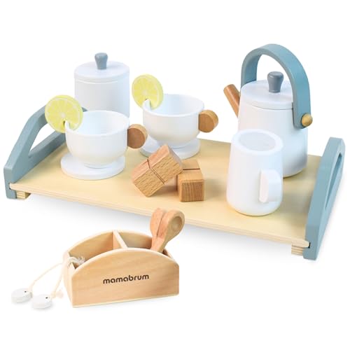 Mamabrum Holz Teeset für Kinder 3+, Kinder Teeservice mit Tablett - 17 teilig, Spielspielzeug Rad - Barista, Koch, Teekanne und Spielbecher für Kinder von mamabrum