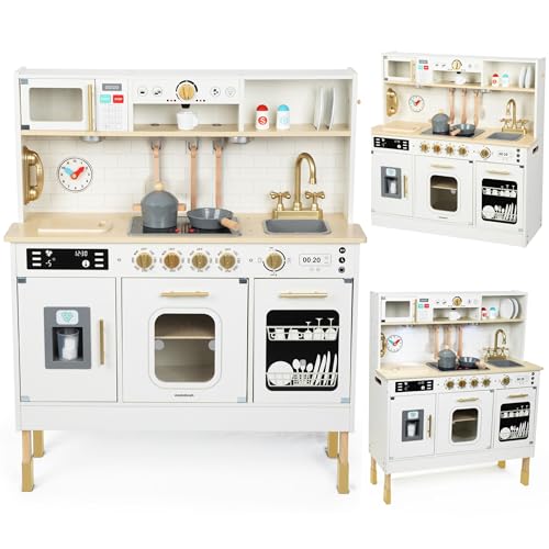 Mamabrum Holz-Kinderküche mit LED-Beleuchtung - Höhenverstellbare Spielküche Set mit Eiswürfelbereiter, Mikrowelle, Kochfeld und Spülmaschine - Spielzeug ab 3 Jahren von mamabrum