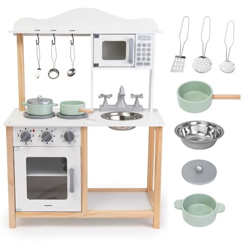 Mamabrum Holzküche für Kinder mit Mikrowelle Backofen Spülbecken Heizplatte und Zubehör - Stabile Konstruktion mit Haken Regalen und Klick-Knöpfen für Kinder 3+ von mamabrum