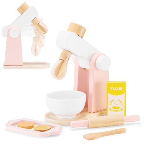 Mamabrum Holzmixer Set für Kinder mit Schüssel, Nudelholz, Mehl & Kekse - Lernspielzeug KinderküChe aus Holz - Spielzeug Mixer Zubehör in Rosa & Weiß (8 Teile) von mamabrum
