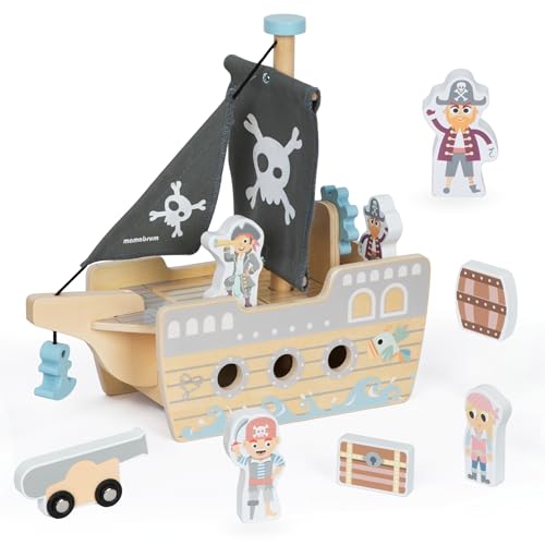 Mamabrum Holzpiratenschiff für Kinder ab 3 Jahre, Boot Spielzeug mit Öffnungsdeck und Zubehör im Set, Spielzeug Piratenschiff mit Piraten Figuren von mamabrum
