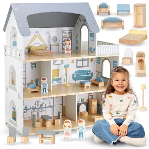 Mamabrum Holzpuppenhaus 3-Etagen mit Möbeln & Zubehör - Sicherheitsgeprüftes Kinderspielhaus für Rollenspiele - Puppenhaus mit Schlafzimmer, Wohnzimmer, KüChe & Bad Mamabrum Holzpuppenhaus 3-Etagen mit Möbeln & Zubehör - Sicherheitsgeprüftes Kinderspielhaus für Rollenspiele - Puppenhaus mit Schlafzimmer, Wohnzimmer, KüChe & Bad von mamabrum