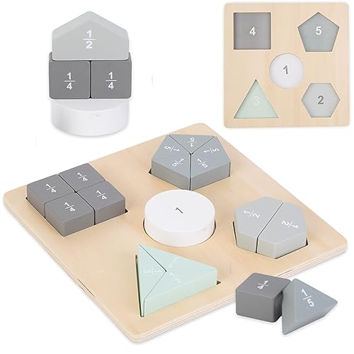 Mamabrum Holzpuzzle – Montessori-Puzzle – Brüche und geometrische Figuren, Zahlenerkennung, geometrische Figuren, Brüche, 16 Bunte Blöcke von mamabrum