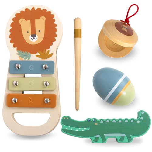 Mamabrum Musikinstrumente-Set Afrika - Xylophon, Rasseln, Kastagnette für Kinder ab 12m - Pädagogisches Holz-Spielzeug mit Tiermotiven - Musikalisches Lern-Spielzeug (6 Teile) von mamabrum