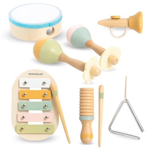 Mamabrum Musikinstrumente-Set - Kindertrommel, Trompete, Xylophon, Maracas, Triangel - Pädagogisches Spielzeug für Kinder ab 18m - Holz Instrumente für Entwicklung (9 Teile) von mamabrum
