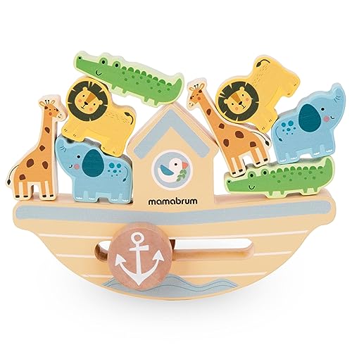 mamabrum, Boot im Gleichgewicht – Geschicklichkeitsspiel aus Holz, Erkennung der Tiere, Koordination der Sicht und Bewegung, Stapeln von Tieren auf einem Holzboot von mamabrum