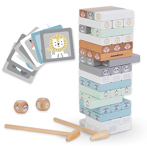 mamabrum, Geschicklichkeitsspiel – Holzturm, 2 Tierwürfel, 24 Tierkarten, 54 Holzklötze, 2 Holzklötzchen-Ziehwerkzeuge von mamabrum
