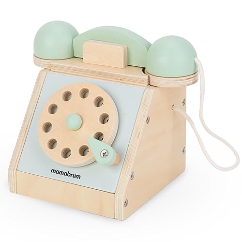 mamabrum, Retro Holztelefon - Neu, bewegliches Zifferblatt, Pastellfarben, Kopfhörer an das Telefon angeschlossen, für Kinder ab 3 Jahren von mamabrum