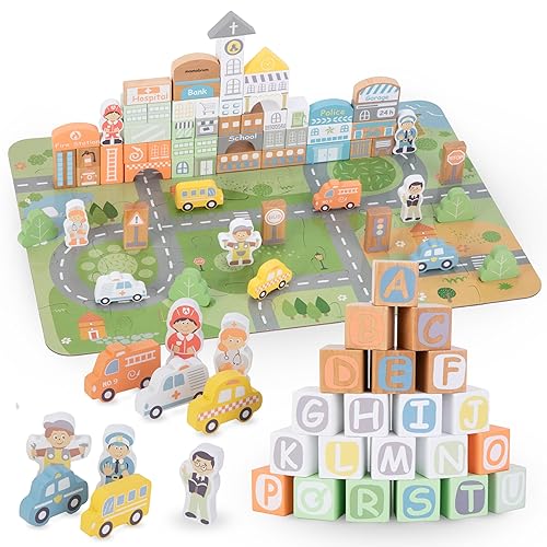 mamabrum, Stadtblock-Set aus Holz – 100 Elemente, 65 Holzblöcke, 35 Puzzle-Elemente, für Kinder ab 24 Monaten von mamabrum