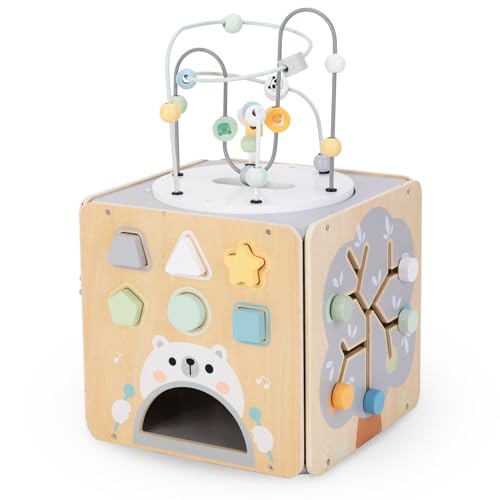 mamabrum Aktivitätswürfel aus Holz - Baby Spielzeug mit Motorikschleife, Formensortierer, Labyrinth & Steckwürfel - Lernspielzeug für Motorik & Geschicklichkeit, 34x52cm von mamabrum