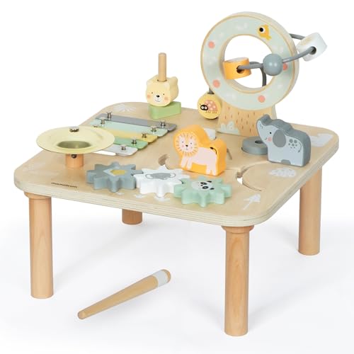 mamabrum 7in1 Holz Aktivitätstisch - Lern- und Spieltisch mit Tiermotiven, Drehelementen, Klangspielen - Montessori Motorik Spielset für Kinder ab 9 Monaten von mamabrum