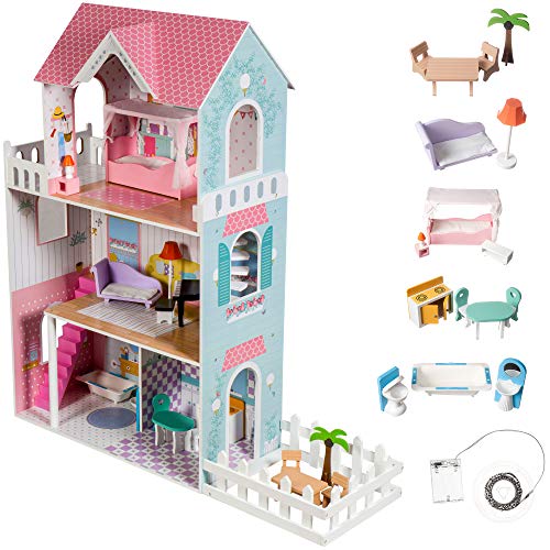 Mamabrum XXL Holzpuppenhaus 123 cm mit LED-Beleuchtung, Puppenhaus Möbel & Zubehör - 3 Etagen, Garten, 4 Zimmer, Terrasse - Spielset für Kinder ab 3 Jahren (74x35x123 cm) von mamabrum