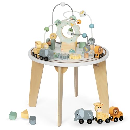 mamabrum Holz Aktivitätstisch Set mit Magnetischer Eisenbahn, Motorikschleife, Perlenwerfer, Formsortierer & Spiegel - Lernspielzeug ab 12 Monaten (40cm, 31,5cm Höhe) von mamabrum