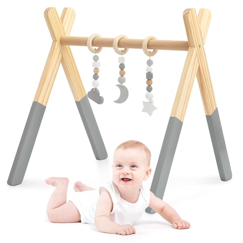 mamabrum Holz Baby Gym Lernständer mit 3 Sinnesanhängern – Sicher für Neugeborene – Montessori – Leicht – Ab 0 Monaten – Natürliches Holz von mamabrum
