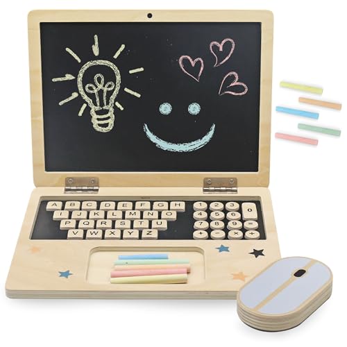 Mamabrum Holz-Laptop für Kinder mit Maus und farbigen Kreiden, Laptop mit magnetischer Kreidetafel, Laptop-Spielzeug für Kinder ab 3 Jahren, Naturholz von mamabrum