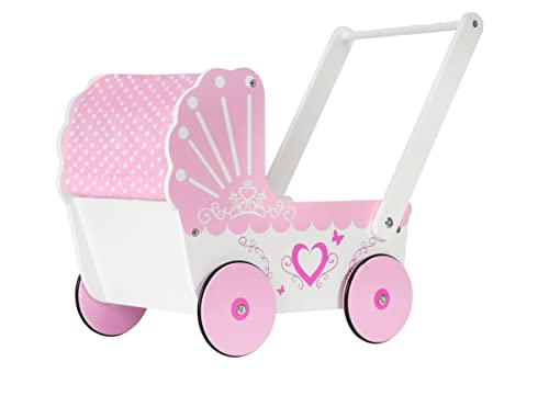 Mamabrum Holzpuppenwagen & Lauflernwagen Set, Retro Kinderwagen mit Anti-Rutsch-Rädern, Holz Walker für Mädchen - Rosa Puppenwagen, 47 x 26,5 x 40 cm (2 Funktionen) von mamabrum