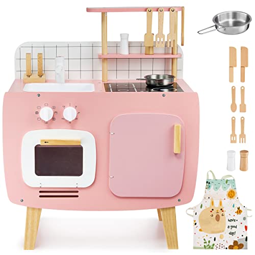 Mamabrum Retro Spielen Küche für Kinder, Retro-Küche aus Holz mit Schürze und Zubehör, Retro-Stil Holzküche mit Accessoires, Rollenspiel Spielzeug Küche für Kinder, Retroküche, Rosa von mamabrum